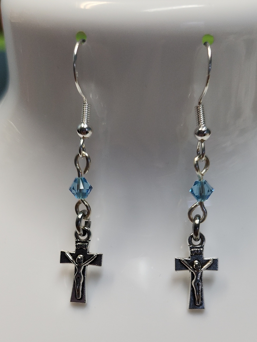 Silver Cross Dangle Earrings with Light Blue Crystals!
